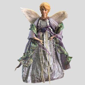 Vintage Lavender Silver Angel Tree Topper Table Decor 14" Tall Damaged Cone
